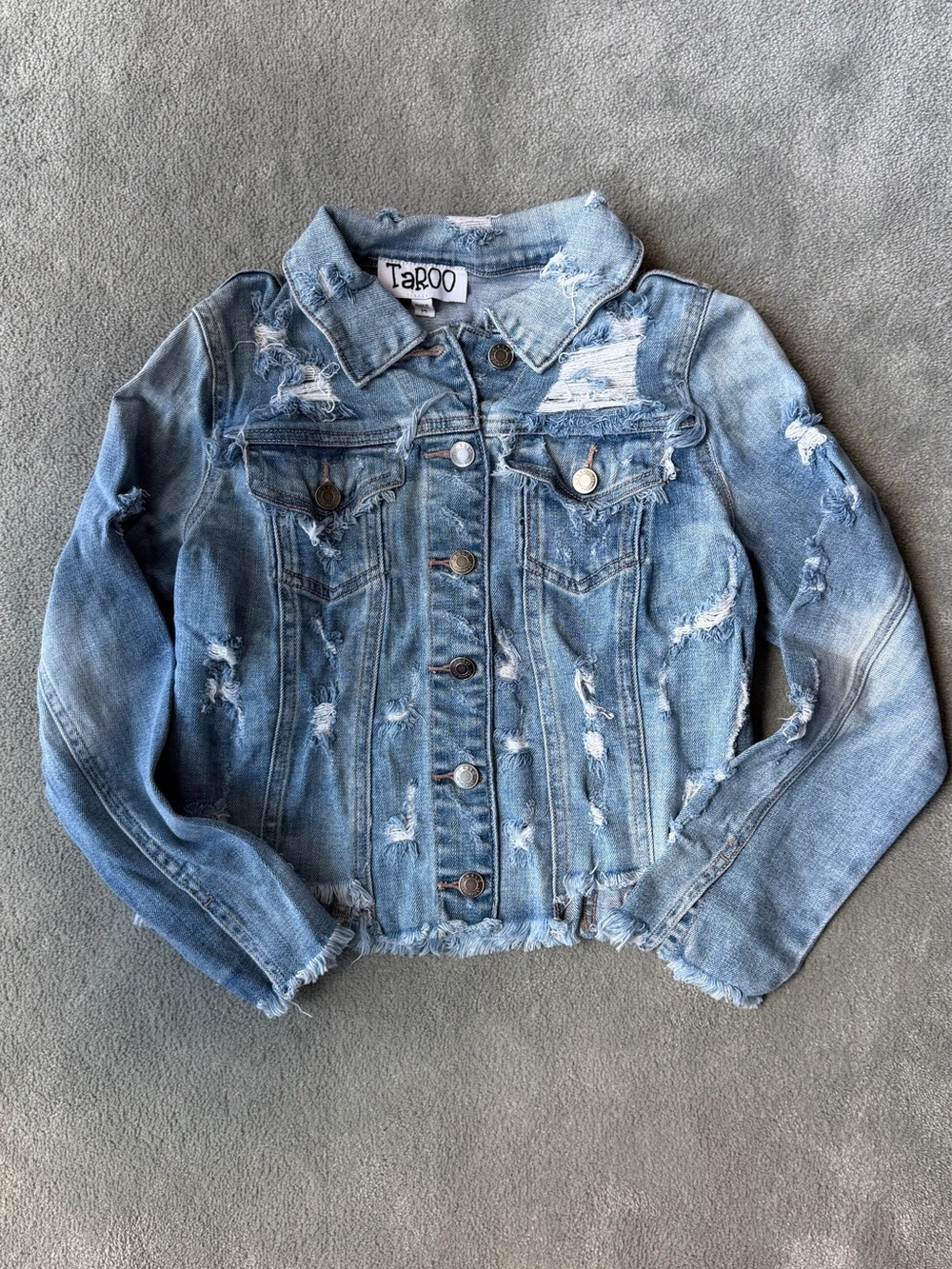 Taroo Heavily Distressed Kids Light Wash Denim Jacket with Frayed Hem